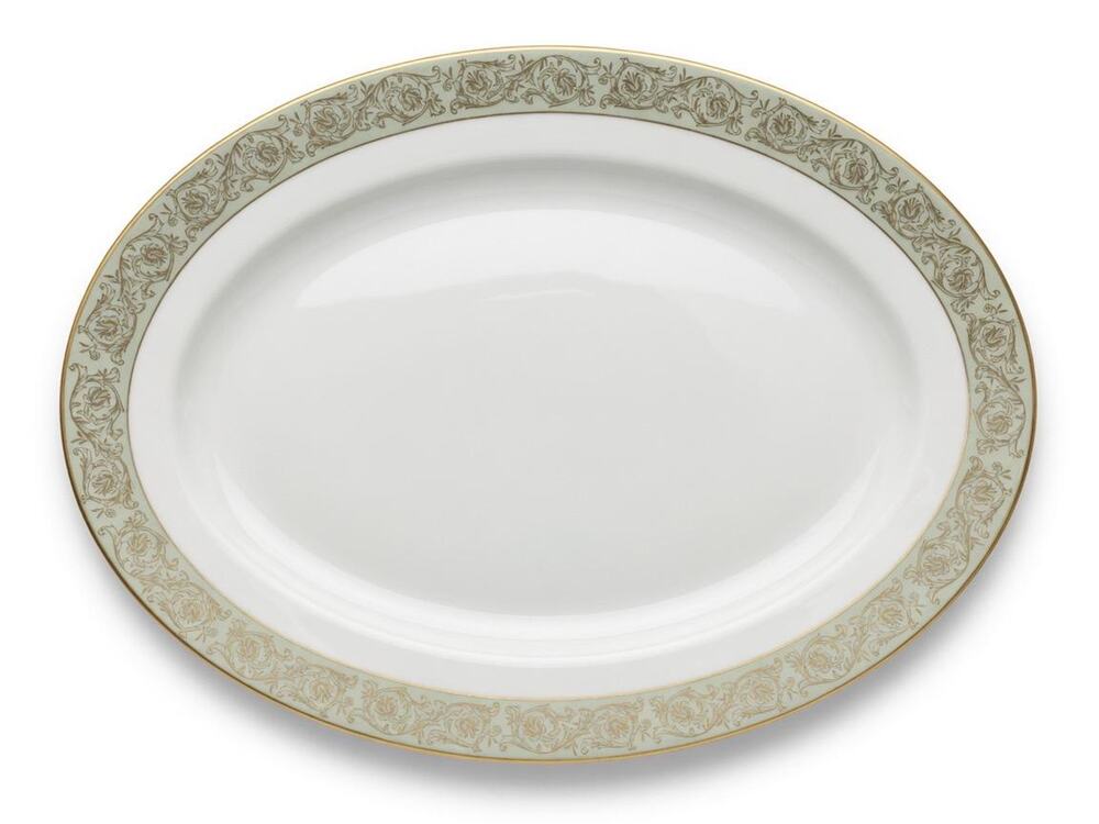 Yamaka Fine China Renaissance 2659R Oval Serving Platter 14in, Sage Green Gold